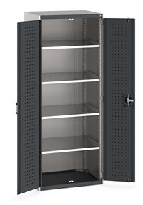 Heavy Duty Bott cubio cupboard with perfo panel lined hinged doors. 800mm wide x 650mm deep x 2000mm high with 4 x100kg capacity shelves.... Bott Tool Storage Cupboards for workshops with Shelves and or Perfo Doors